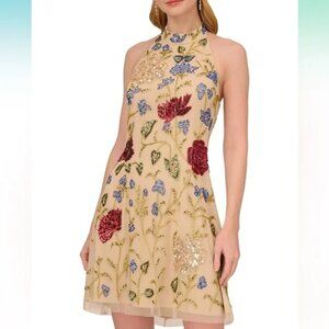 Adrianna Papell Multicolored Floral Beaded Shift Dress in Light Champagne